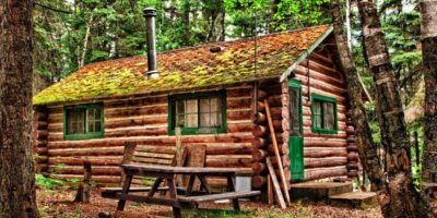A rustic log cabin nestled in the woods surrounded by trees with a metal chimney and a picnic table next to it.