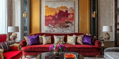 A red velvet sofa with purple and patterned pillows sits below abstract art and gold sconces on the wall.